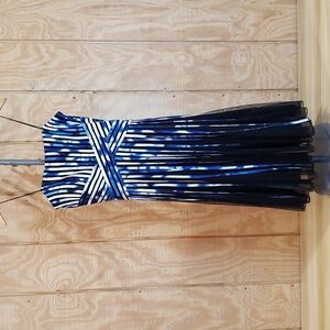 JS Collections Black Blue White Print Ribbon Stripe Sleeveless Dress Size 6